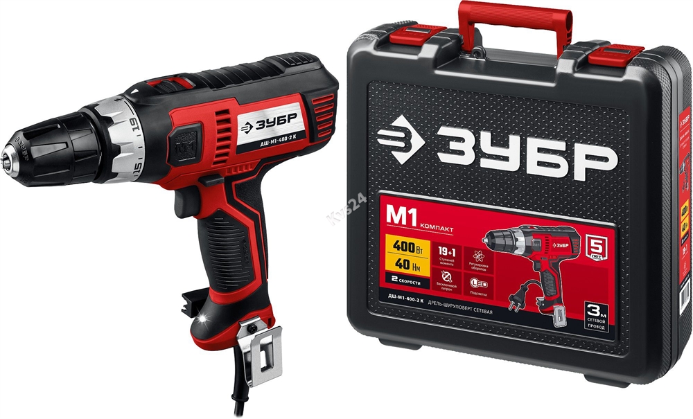 ЗУБР  400 Вт, 40 Н·м, кейс, сетевая дрель-шуруповерт (ДШ-М1-400-2 К) ДШ-М1-400-2 К