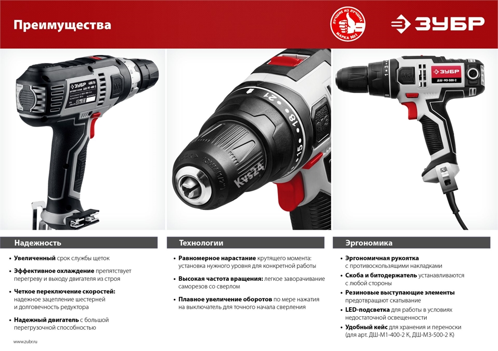 ЗУБР  500 Вт, 45 Н·м, кейс, сетевая дрель-шуруповерт (ДШ-М3-500-2 К) ДШ-М3-500-2 К