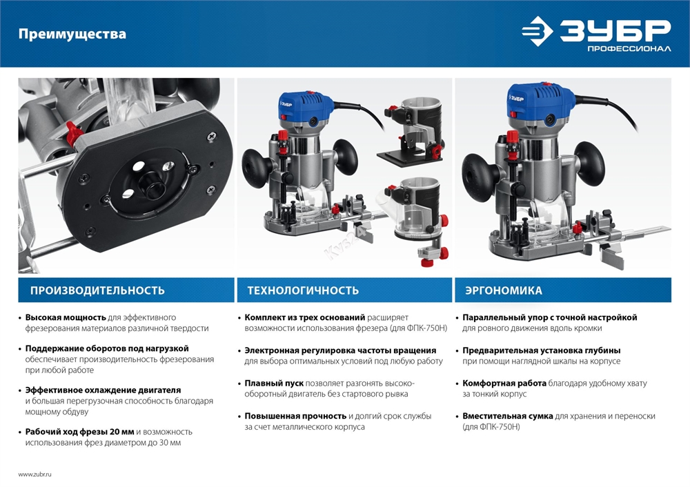 ЗУБР  750 Вт, кромочный фрезер, сумка, 3 основания, Профессионал (ФПК-750Н) ФПК-750Н
