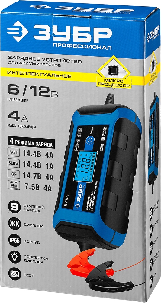 ЗУБР  ЗУ-120, 6/12 В, 4 А, интеллектуальное зарядное устройство для аккумуляторов, Профессионал (59300) 59300