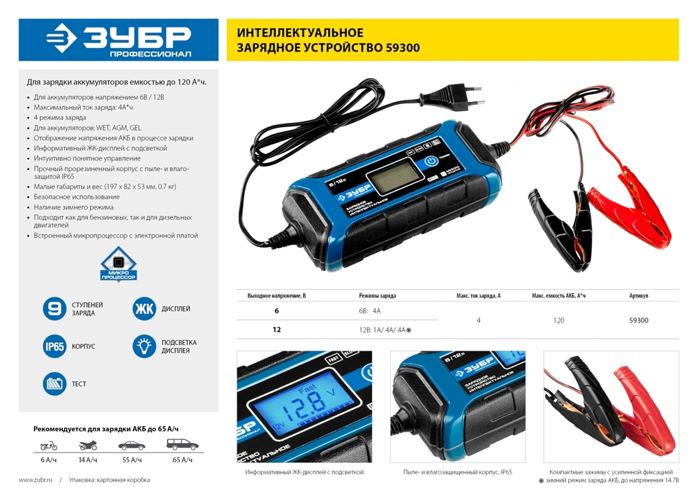 ЗУБР  ЗУ-120, 6/12 В, 4 А, интеллектуальное зарядное устройство для аккумуляторов, Профессионал (59300) 59300