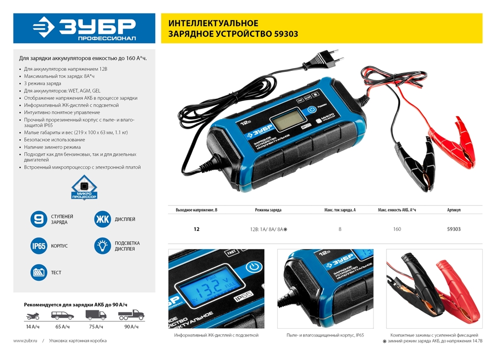 ЗУБР  ЗУ-160, 12 В, 8 А, интеллектуальное зарядное устройство для аккумуляторов, Профессионал (59303) 59303