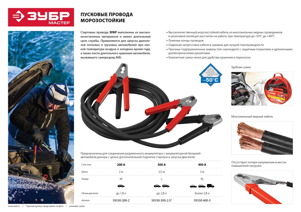 ЗУБР  200 А, 2 м, пусковые морозостойкие провода (59330-200-2) 59330-200-2