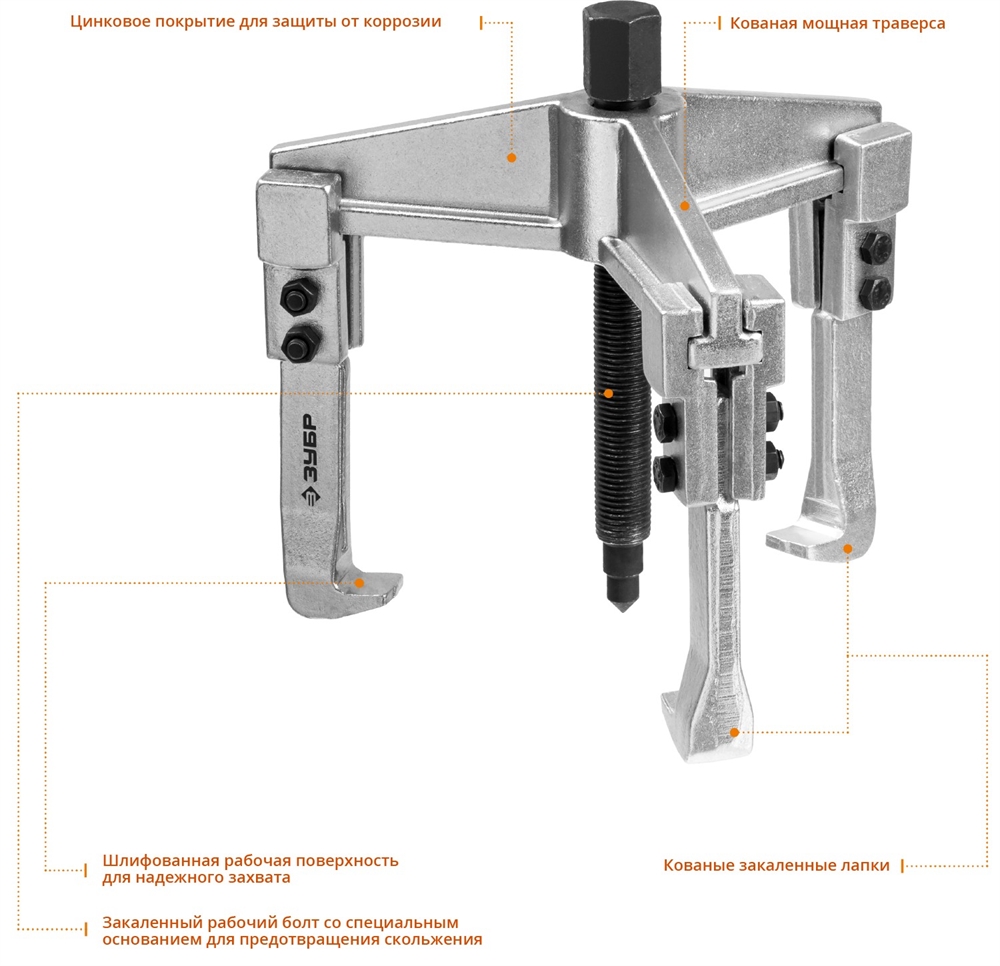 ЗУБР  внешний d 30 - 130 мм, внутренний d 70 - 180 мм, раздвижной трехзахватный съемник, Профессионал (43312-180-090) 43312-180-090