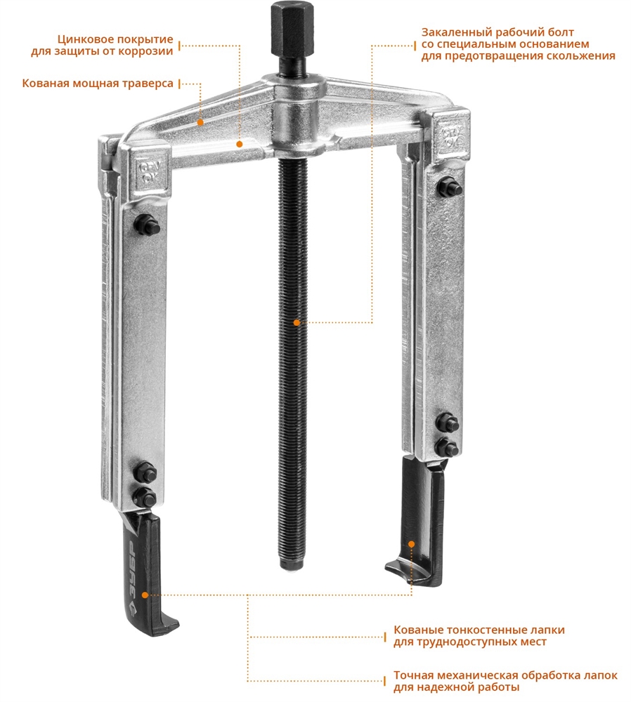 ЗУБР  внешний d 30 - 135 мм внутренний d 60 - 160 мм, раздвижной двухзахватный съемник с тонкими захватами, Профессионал (43313-160-215) 43313-160-215