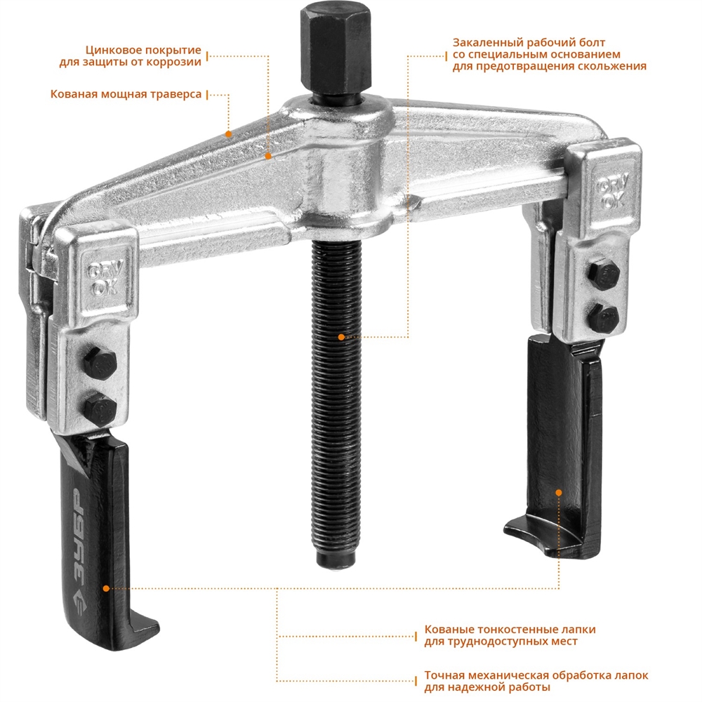 ЗУБР  внешний d 25 - 125 мм внутренний d 55 - 170 мм, раздвижной двухзахватный съемник с тонкими захватами, Профессионал (43313-170-100) 43313-170-100