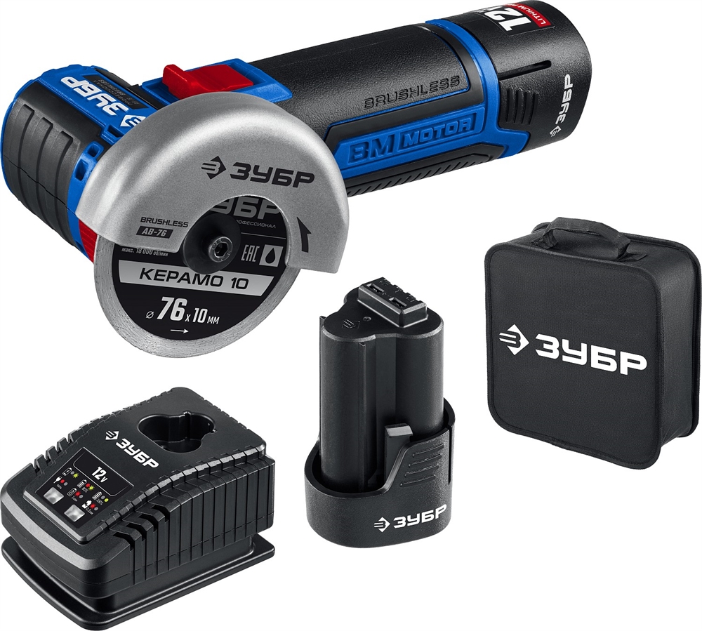 ЗУБР  Т7, 12 В, d76 мм, 2 АКБ (2 А·ч), бесщеточная УШМ, сумка, Профессионал (AB-76-22) AB-76-22