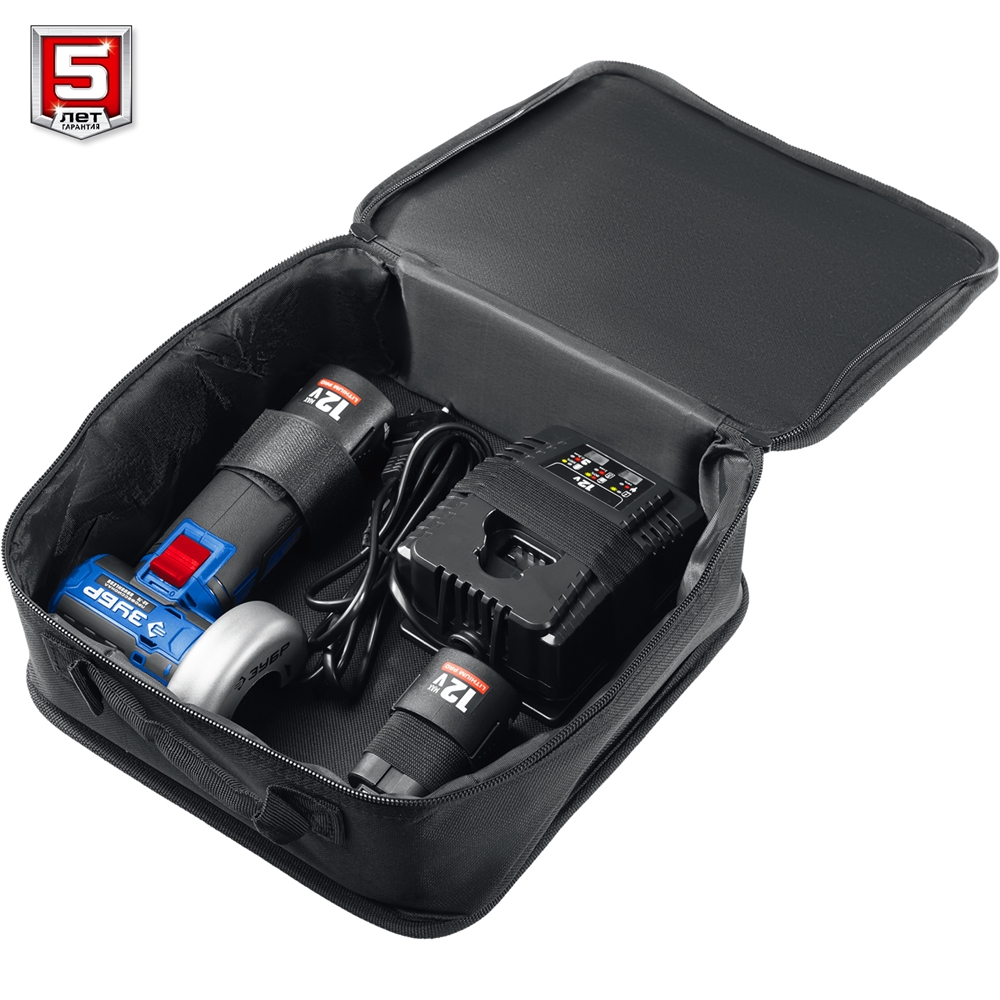 ЗУБР  Т7, 12 В, d76 мм, 2 АКБ (2 А·ч), бесщеточная УШМ, сумка, Профессионал (AB-76-22) AB-76-22