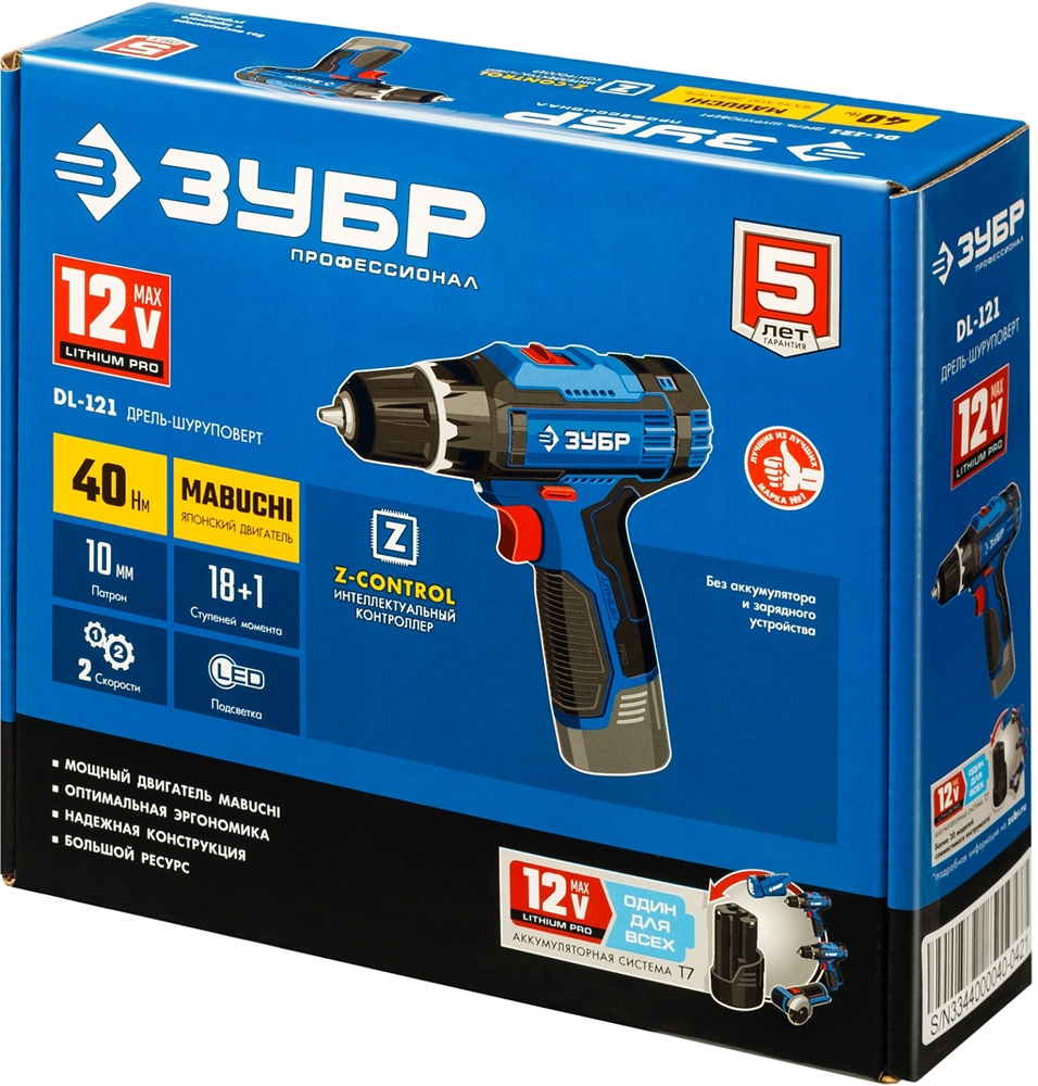 ЗУБР  Т7, 12 В, 40 Н·м, без АКБ, дрель-шуруповерт, Профессионал (DL-121) DL-121