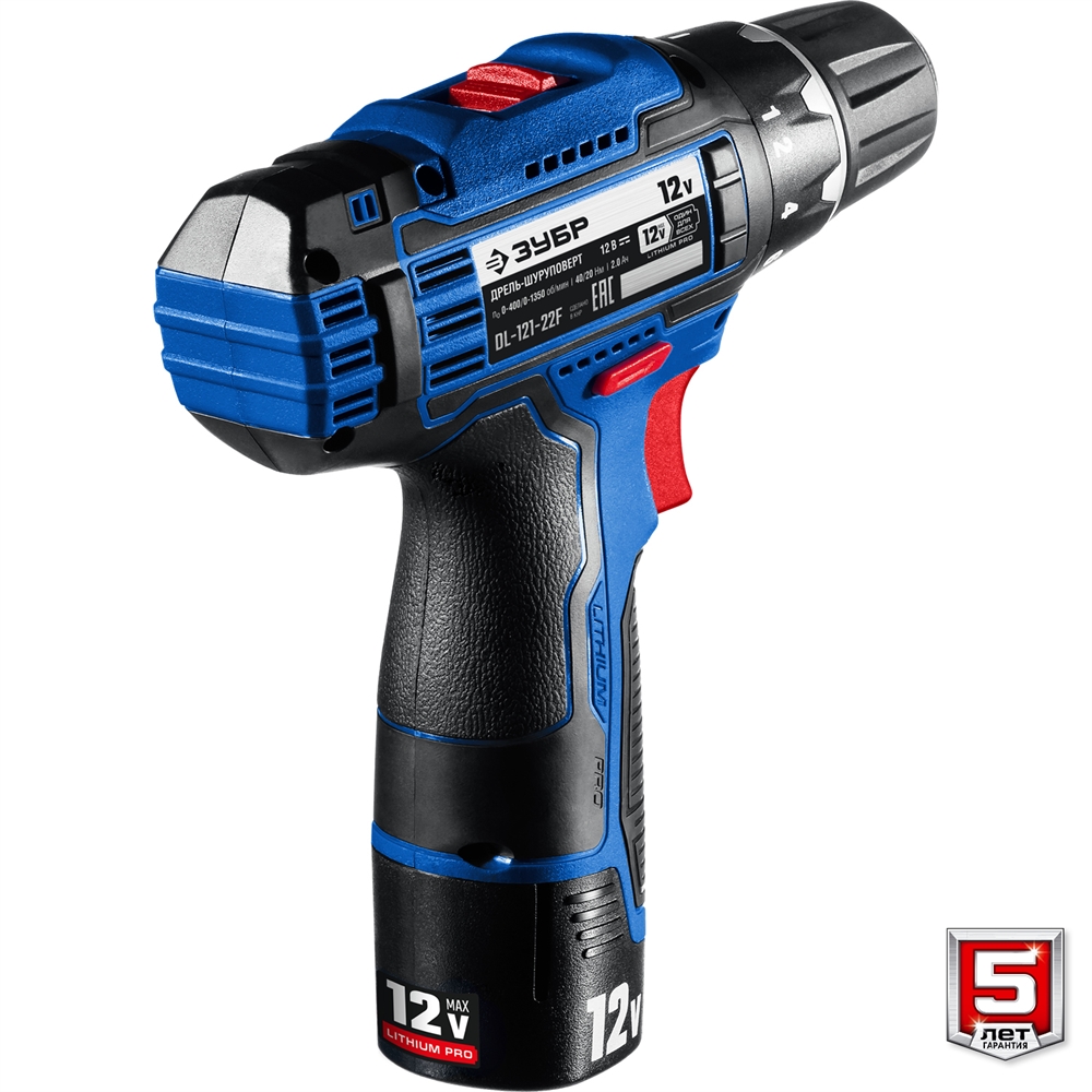 ЗУБР  Т7, 12 В, 40 Н·м, 2 АКБ (2 А·ч), дрель-шуруповерт + LED фонарь, кейс, Профессионал (DL-121-22) DL-121-22F