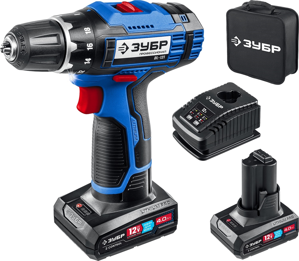 ЗУБР  Т7, 12 В, 40 Н·м, 2 АКБ (4 А·ч), дрель-шуруповерт, сумка, Профессионал (DL-121-42) DL-121-42