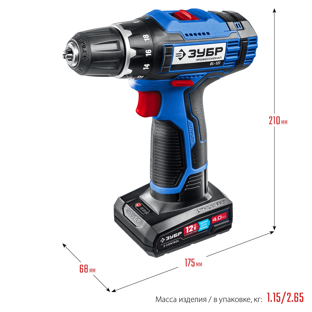 ЗУБР  Т7, 12 В, 40 Н·м, 2 АКБ (4 А·ч), дрель-шуруповерт, сумка, Профессионал (DL-121-42) DL-121-42