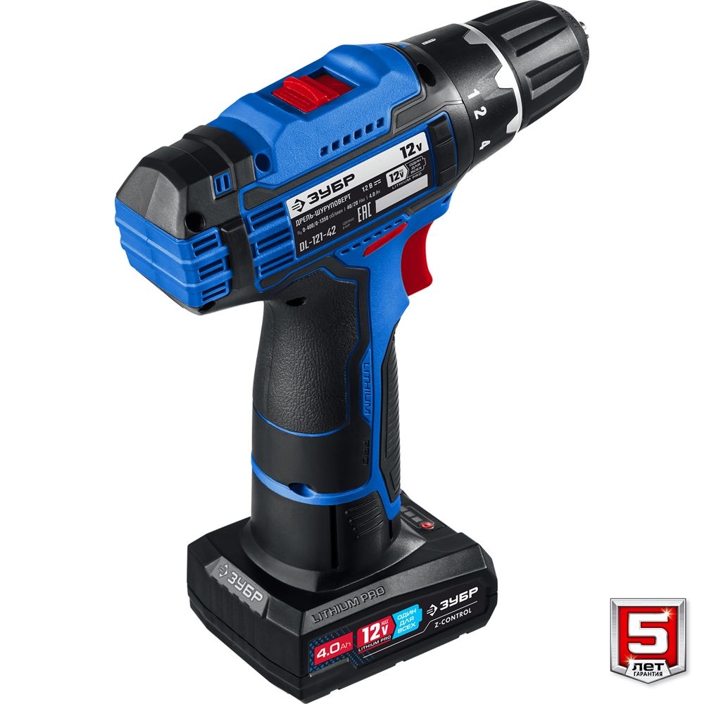 ЗУБР  Т7, 12 В, 40 Н·м, 2 АКБ (4 А·ч), дрель-шуруповерт, сумка, Профессионал (DL-121-42) DL-121-42