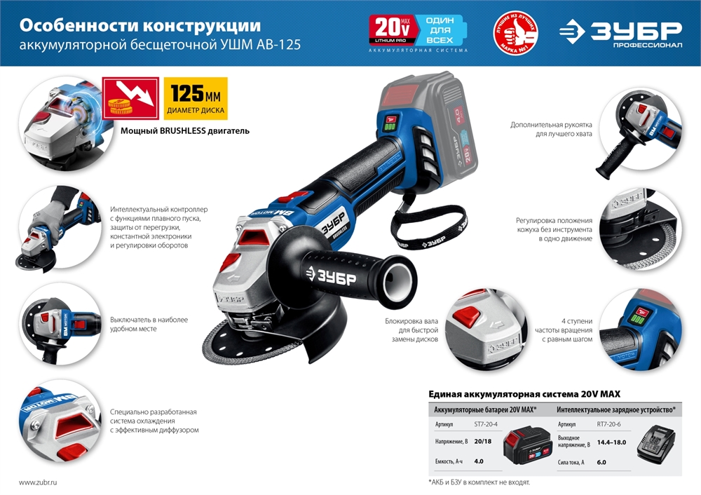 ЗУБР  Т7, 20 В, 125 мм, без АКБ, бесщеточная УШМ, Профессионал (AB-125) AB-125