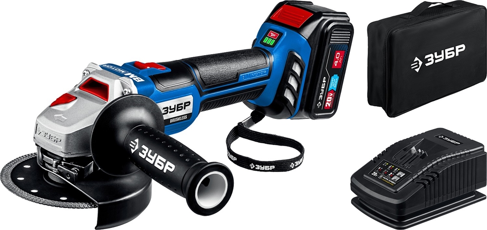 ЗУБР  Т7, 20 В, 125 мм, 1 АКБ (4 А·ч), бесщеточная УШМ, сумка, Профессионал (AB-125-41) AB-125-41