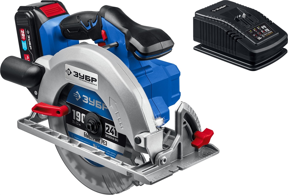 ЗУБР  Т7, 20 В, d190 мм, 1 АКБ (4 А·ч), бесщеточная пила циркулярная, Профессионал (CPB-190-41) CPB-190-41