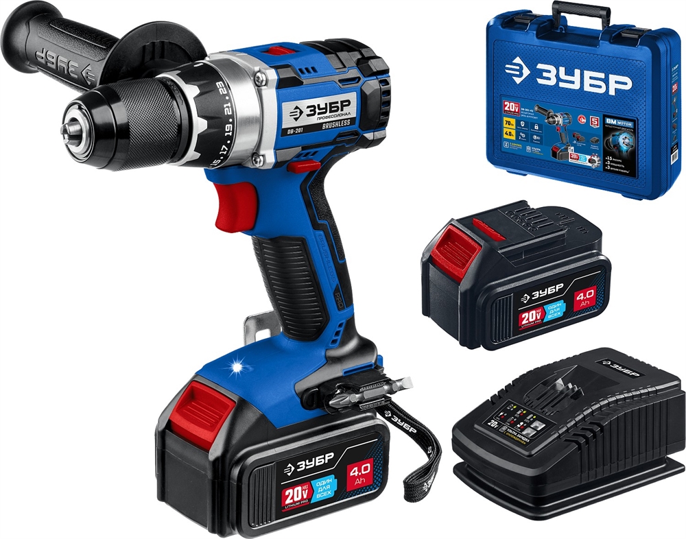 ЗУБР  Т7, 20 В, 70 Н·м, 2 АКБ (4 А·ч), бесщеточная дрель-шуруповерт, кейс, Профессионал (DB-201-42) DB-201-42