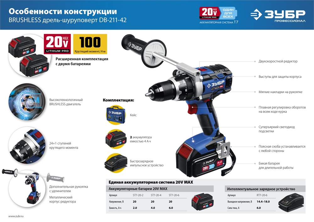 ЗУБР  Т7, 20 В, 100 Н·м, 2 АКБ (4 А·ч), бесщеточная дрель-шуруповерт, кейс, Профессионал (DB-211-42) DB-211-42