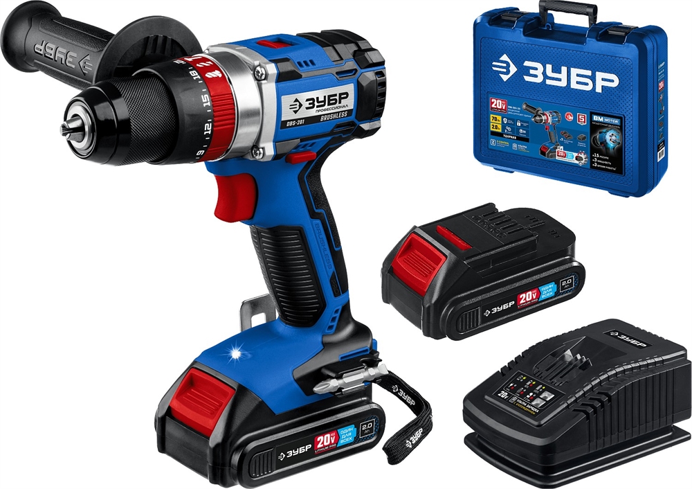 ЗУБР  Т7, 20 В, 70 Н·м, 2 АКБ (2 А·ч), бесщеточная ударная дрель-шуруповерт, кейс, Профессионал (DBS-201-22) DBS-201-22