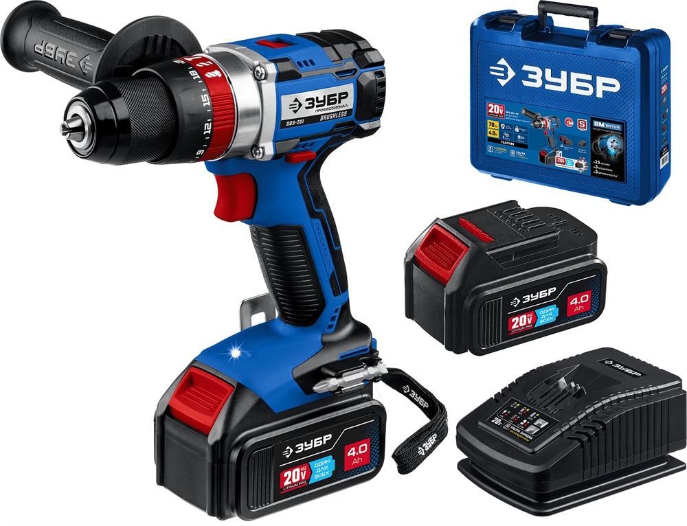 ЗУБР  Т7, 20 В, 70 Н·м, 2 АКБ (4 А·ч), бесщеточная ударная дрель-шуруповерт, кейс, Профессионал (DBS-201-42) DBS-201-42