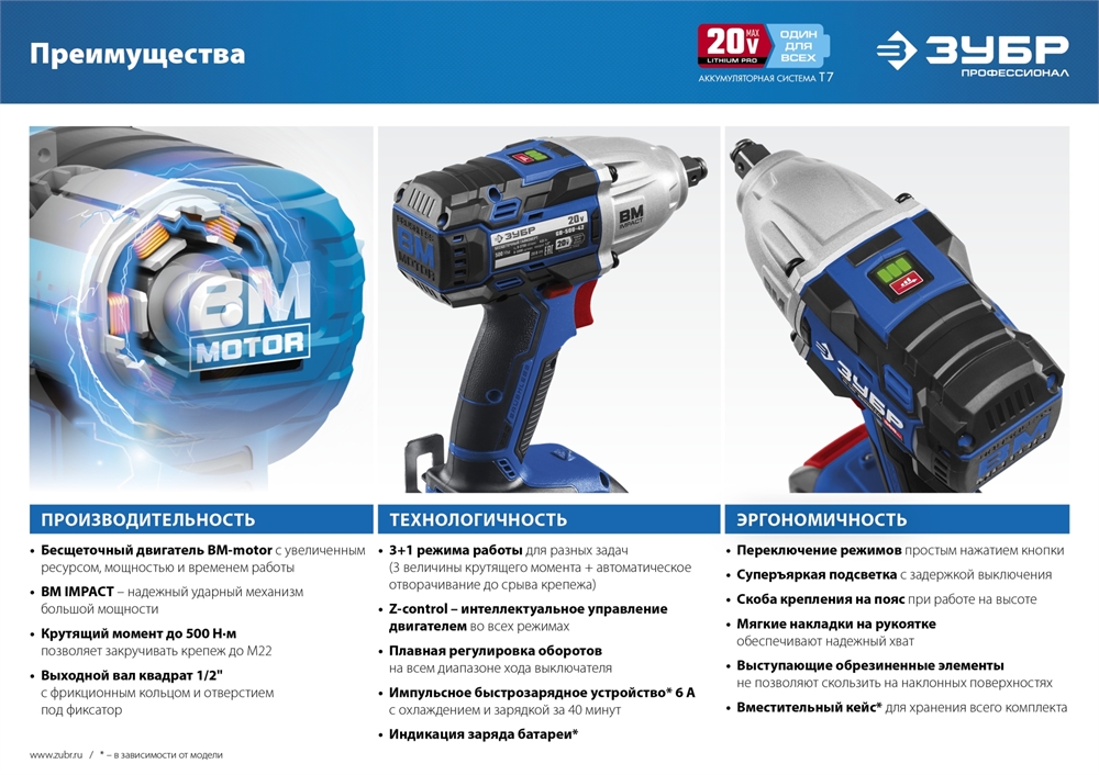 ЗУБР  Т7, 20 В, 500 Н·м, 2 АКБ (4 А·ч), бесщеточный гайковерт, кейс, Профессионал (GB-500-42) GB-500-42