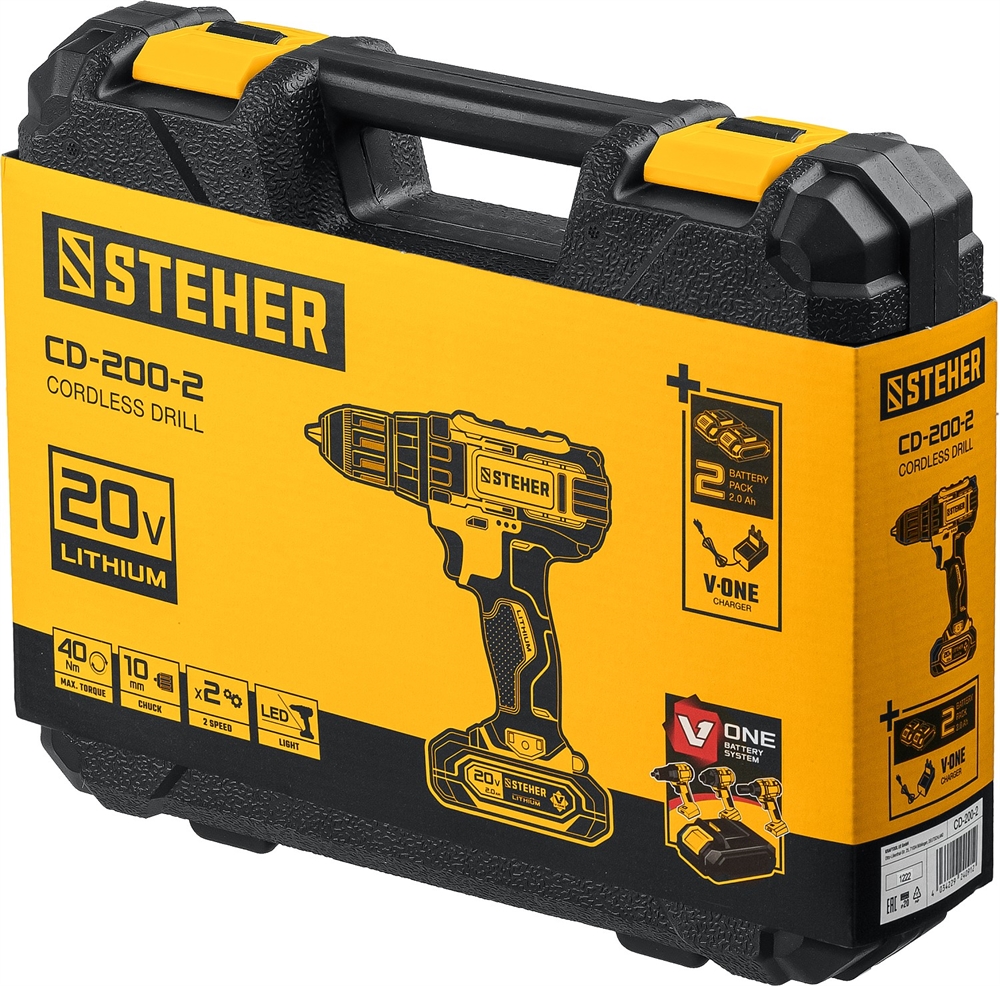 STEHER  V1, 20 В, 40 Н·м, 2 АКБ (2 А·ч), дрель-шуруповерт, кейс (CD-200-2) CD-200-2