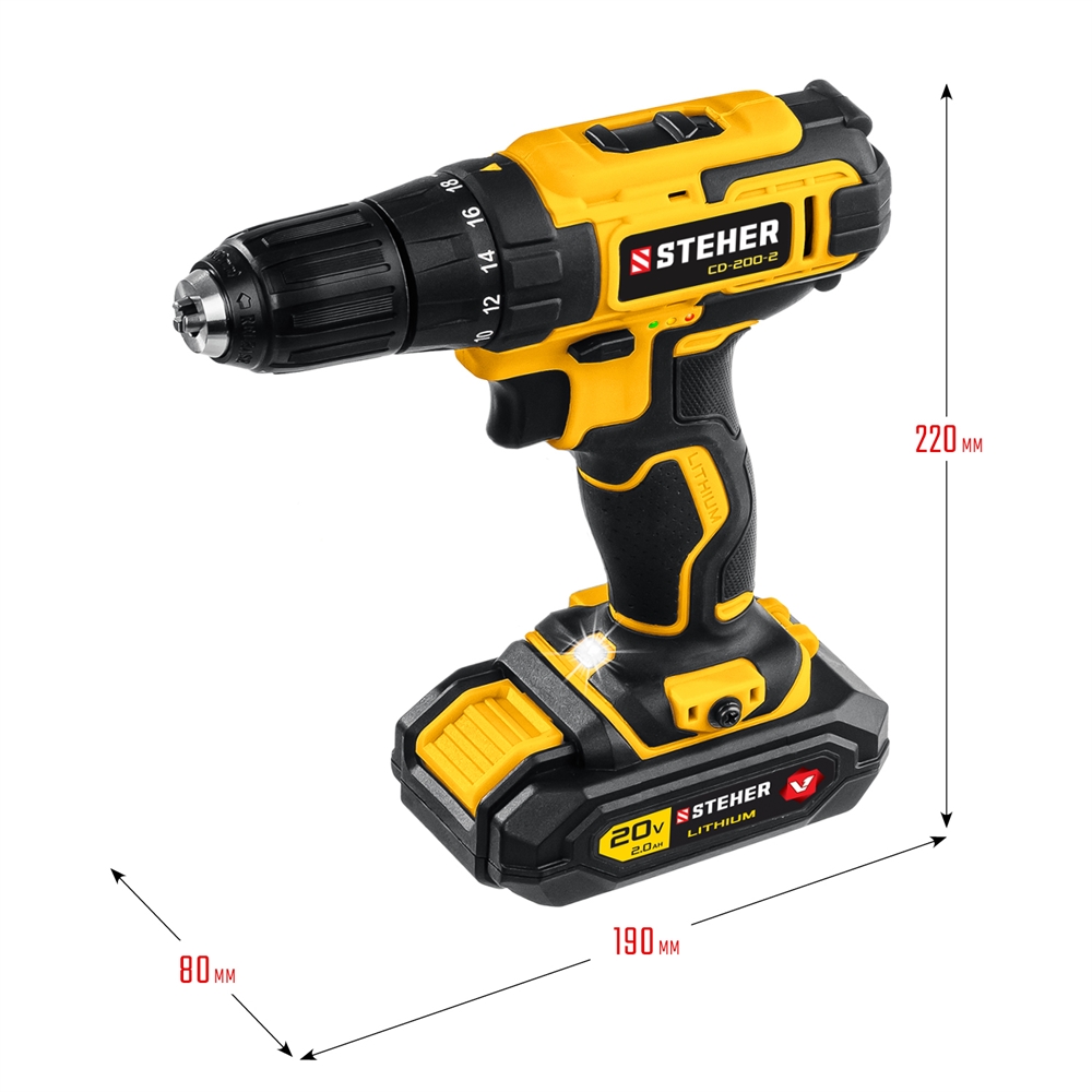 STEHER  V1, 20 В, 40 Н·м, 2 АКБ (2 А·ч), дрель-шуруповерт, кейс (CD-200-2) CD-200-2