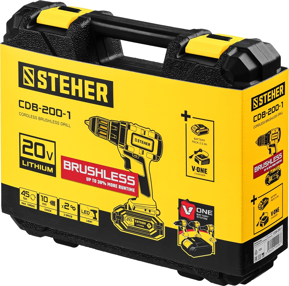 STEHER  V1, 20 В, 45 Н·м, 1 АКБ (2 А·ч), бесщеточная дрель-шуруповерт, кейс (CDB-200-1) CDB-200-1