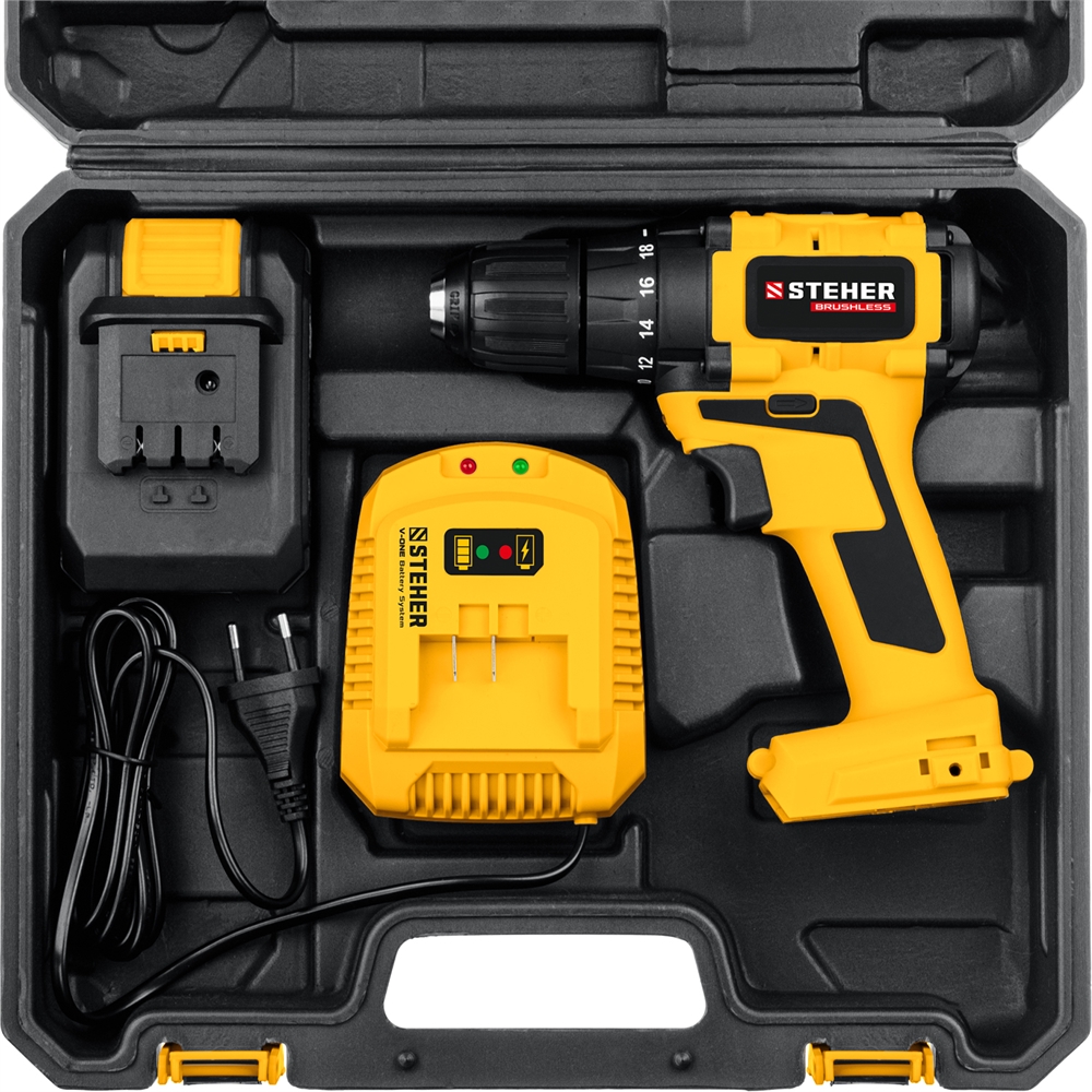 STEHER  V1, 20 В, 45 Н·м, 1 АКБ (2 А·ч), бесщеточная дрель-шуруповерт, кейс (CDB-200-1) CDB-200-1