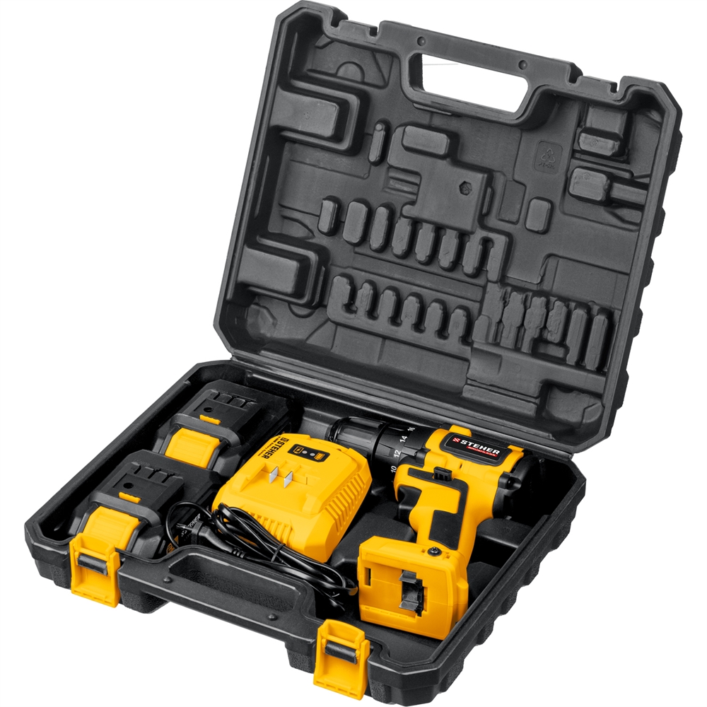 STEHER  V1, 20 В, 45 Н·м, 2 АКБ (2 А·ч), бесщеточная дрель-шуруповерт, кейс (CDB-200-2) CDB-200-2