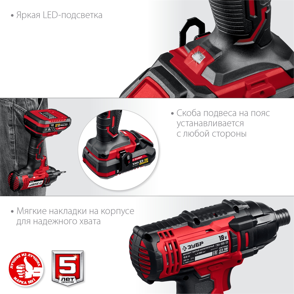 ЗУБР  С1-18, 18 В, 250 Н·м, 2 АКБ (2 А·ч), винтоверт ударный, кейс (ГВЛ-255-22) ГВЛ-255-22