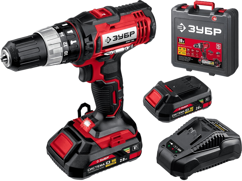 ЗУБР  С1-18, 18 В, 40 Н·м, 2 АКБ (2 А·ч), ударная дрель-шуруповерт, кейс (ДШУ-185-22) ДШУ-185-22