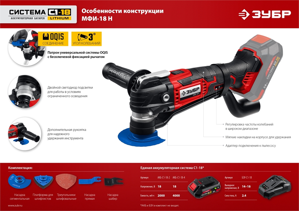 ЗУБР  C1-18, 18 В, OQIS, без АКБ, реноватор, набор насадок (МФИ-18 Н) МФИ-18 Н