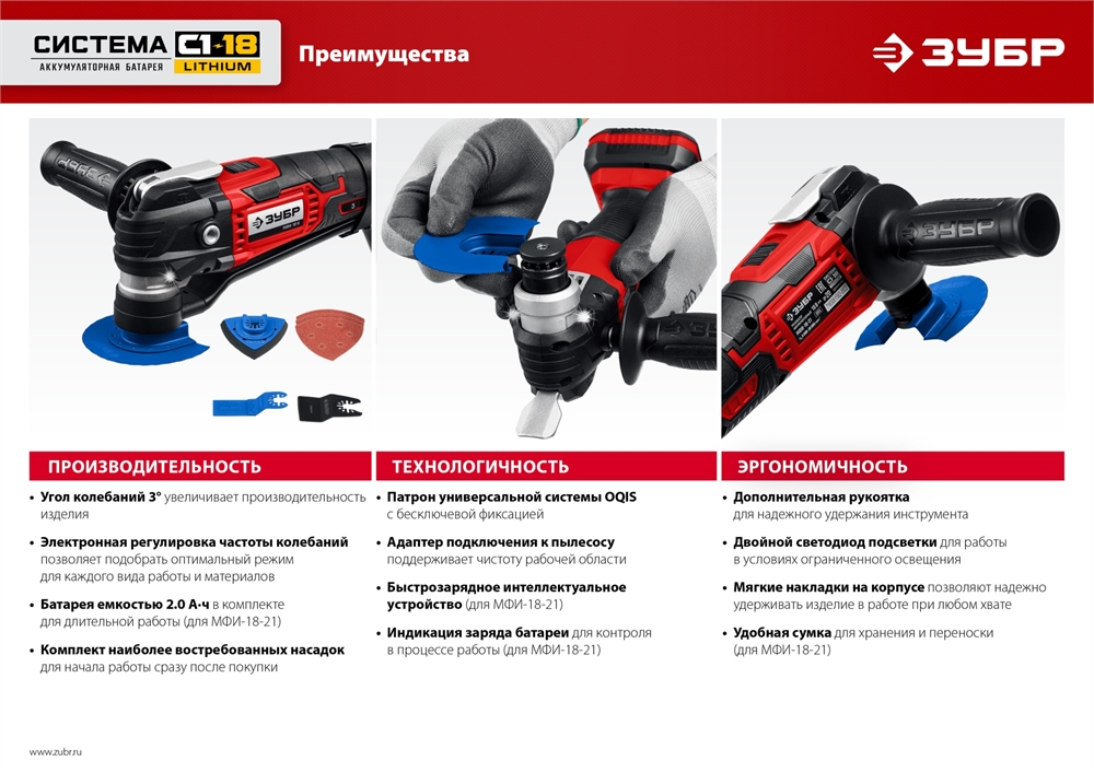 ЗУБР  C1-18, 18 В, OQIS,  АКБ (2 А·ч), реноватор, сумка, набор насадок (МФИ-18-21) МФИ-18-21