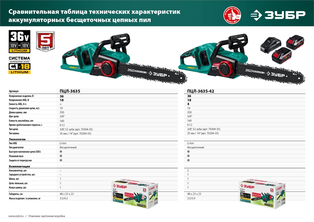 ЗУБР  С1-18, 36 В, 35 см шина, 2х18 В АКБ (4 А·ч), бесщеточная цепная пила (ПЦЛ-3635-42) ПЦЛ-3635-42
