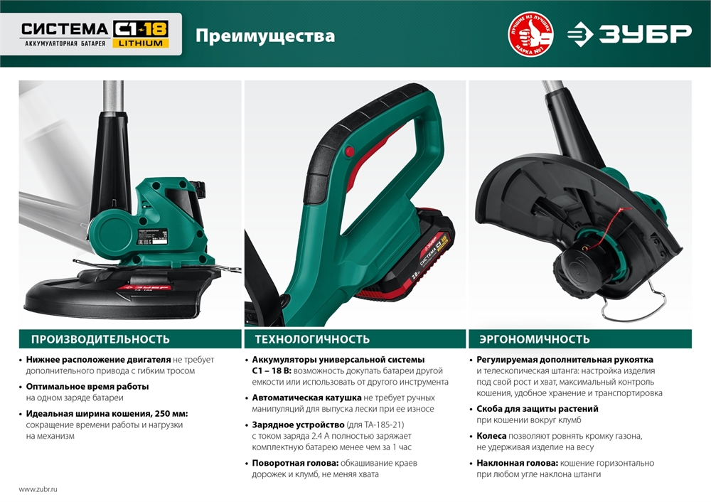 ЗУБР  С1-18, 18 В, 25 см, 1 АКБ (2 А·ч), аккумуляторный триммер (ТА-185-21) ТА-185-21