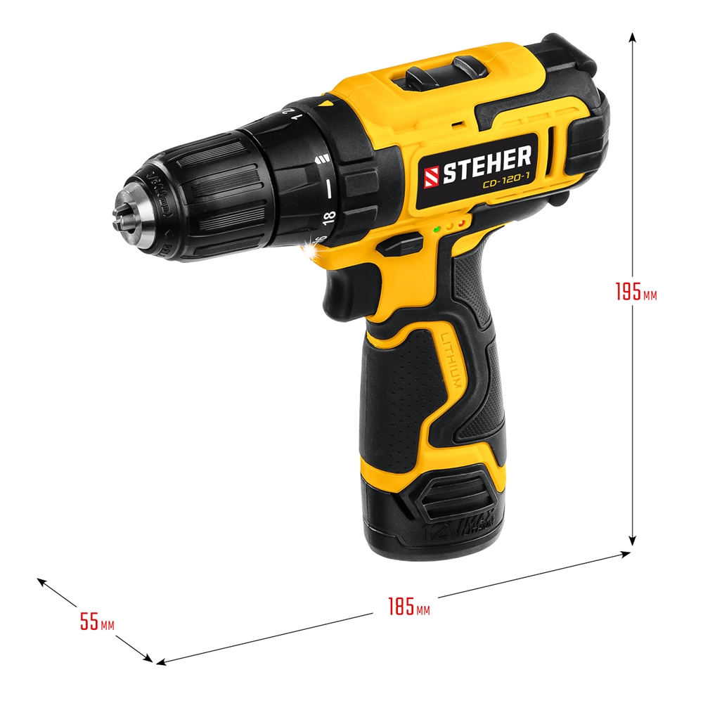STEHER  12 В, 30 Н·м, 1 АКБ (2 А·ч), дрель-шуруповерт, кейс (CD-120-1) CD-120-1
