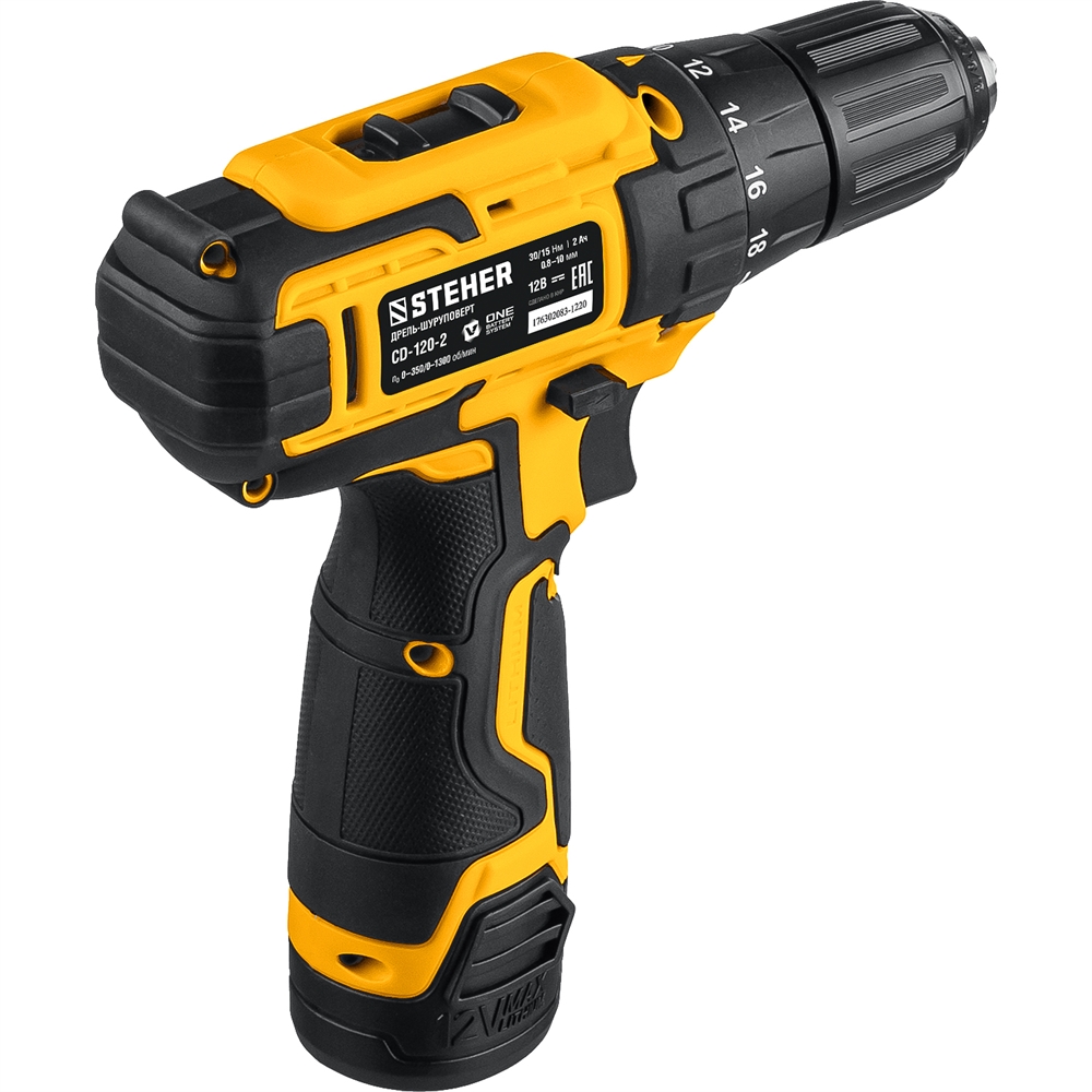 STEHER  12 В, 30 Н·м, 2 АКБ (2 А·ч), дрель-шуруповерт, кейс (CD-120-2) CD-120-2