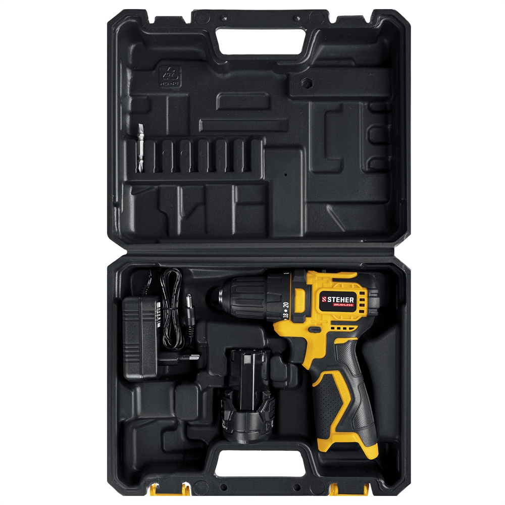 STEHER  12 В, 35 Н·м, 2 АКБ (2 А·ч), бесщеточная дрель-шуруповерт, кейс (CDB-120-2) CDB-120-2