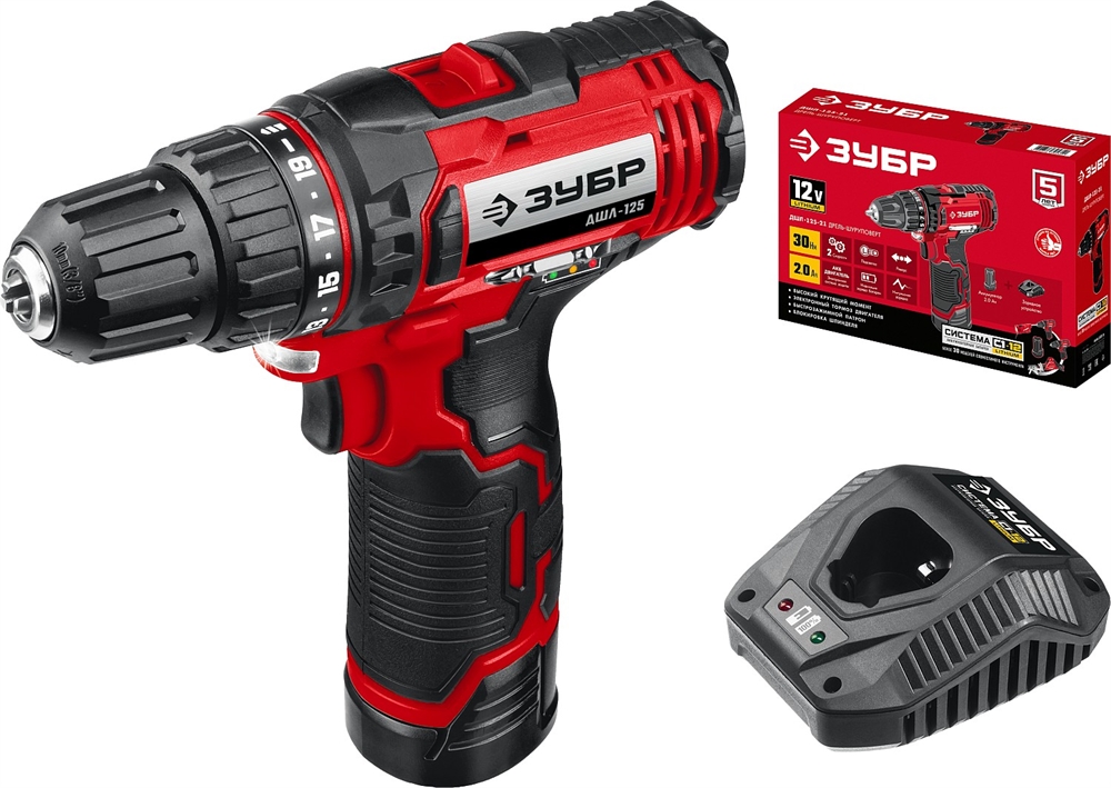 ЗУБР  С1-12, 12 В, 30 Н·м, 1 АКБ (2 А·ч), дрель-шуруповерт (ДШЛ-125-21) ДШЛ-125-21
