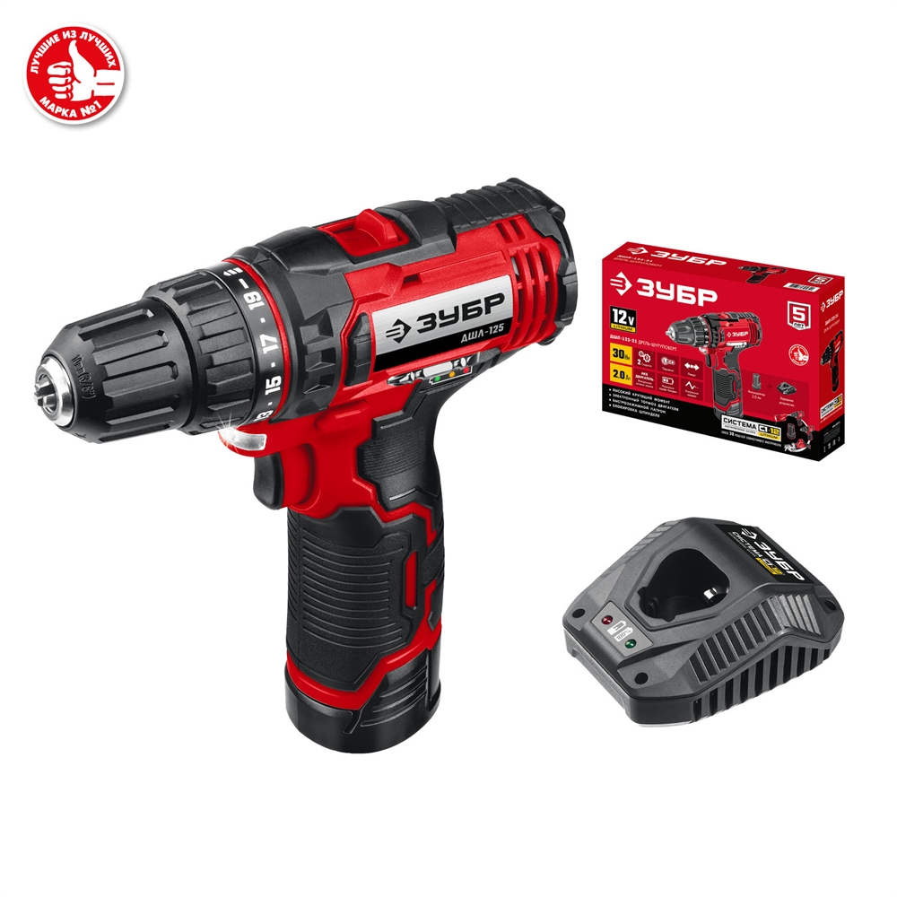 ЗУБР  С1-12, 12 В, 30 Н·м, 1 АКБ (2 А·ч), дрель-шуруповерт (ДШЛ-125-21) ДШЛ-125-21