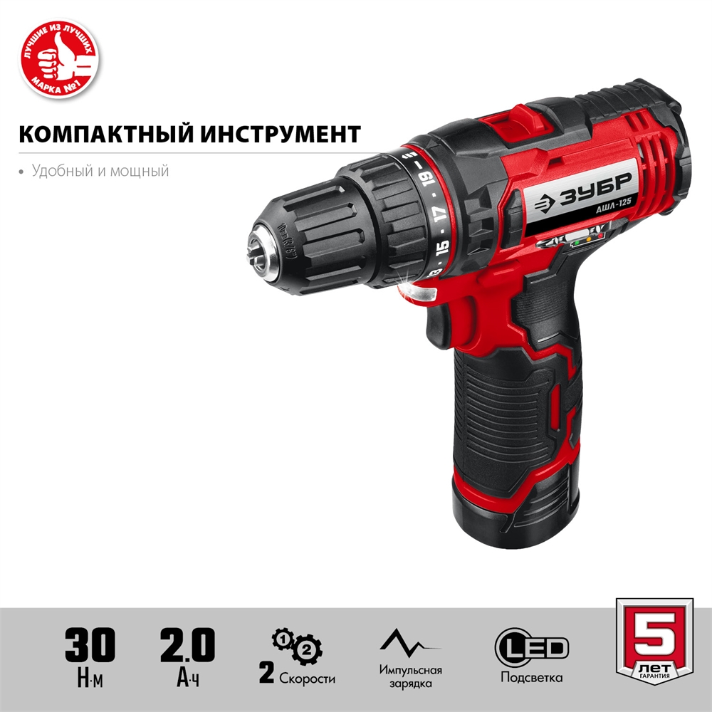 ЗУБР  С1-12, 12 В, 30 Н·м, 2 АКБ (2 А·ч), дрель-шуруповерт, кейс (ДШЛ-125-22) ДШЛ-125-22