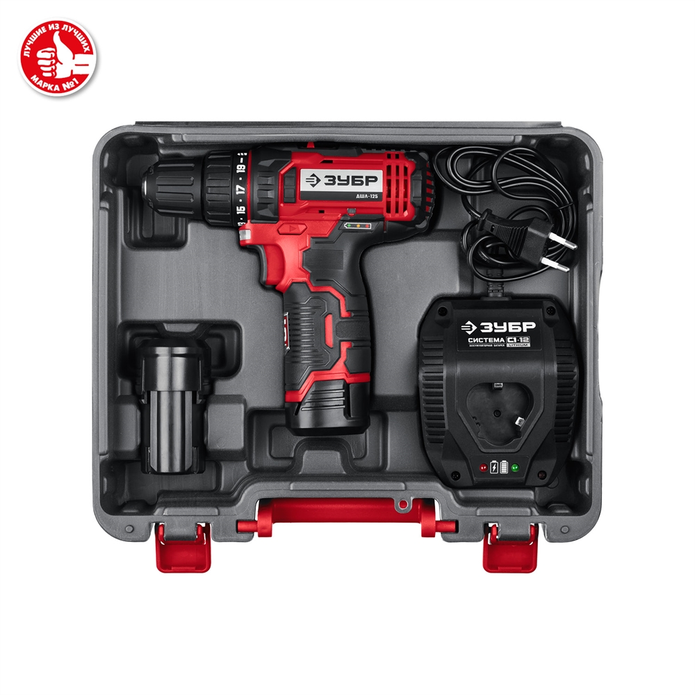 ЗУБР  С1-12, 12 В, 30 Н·м, 2 АКБ (2 А·ч), дрель-шуруповерт, кейс (ДШЛ-125-22) ДШЛ-125-22