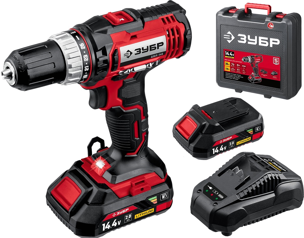 ЗУБР  С1, 14.4 В, 35 Н·м, 2 АКБ (2 А·ч), дрель-шуруповерт, кейс (ДШЛ-145-22) ДШЛ-145-22