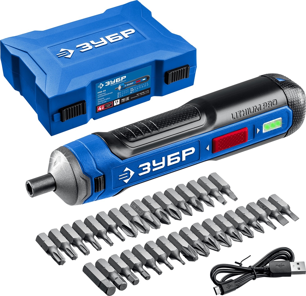 ЗУБР  ZUBR GO 4 Vmax, аккумуляторная отвертка, кейс, 33 биты, Профессионал (PSD-4S) PSD-4S