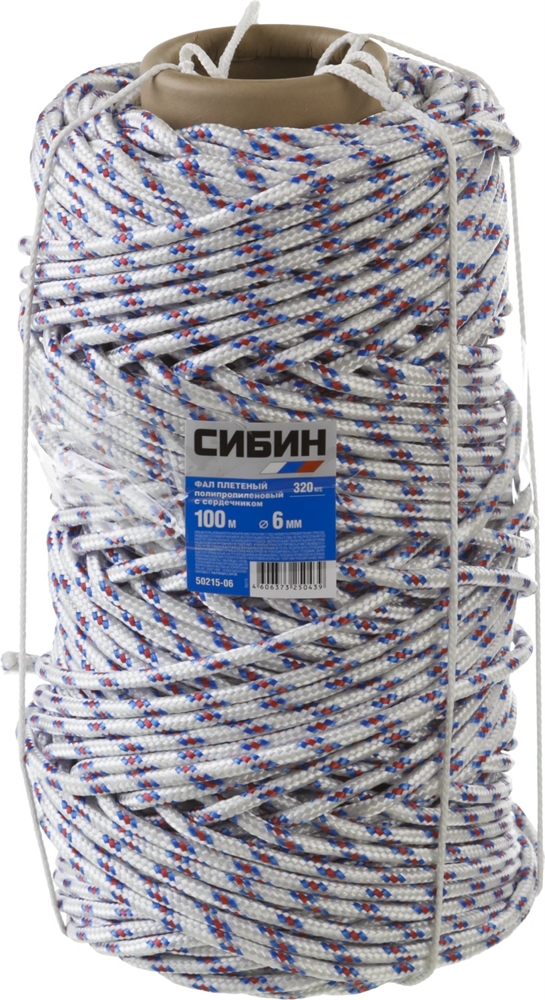 СИБИН  d 6 мм, 16-прядный, 100 м, плетеный, с сердечником, полипропиленовый фал (50215-06) 50215-06