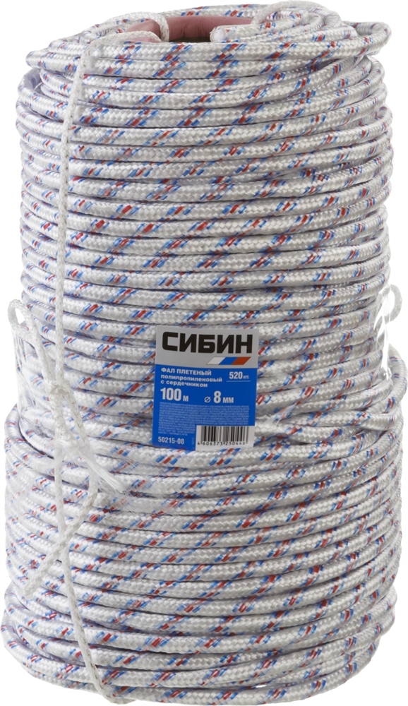 СИБИН  d 8 мм, 16-прядный, 100 м, плетеный, с сердечником, полипропиленовый фал (50215-08) 50215-08