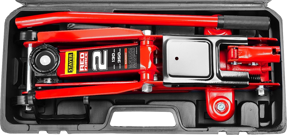 STAYER  R-28 RED FORCE, в кейсе, 2 т, 130 - 350 мм, подкатной домкрат для легковых а/м, Professional (43153-2-K) 43153-2-K