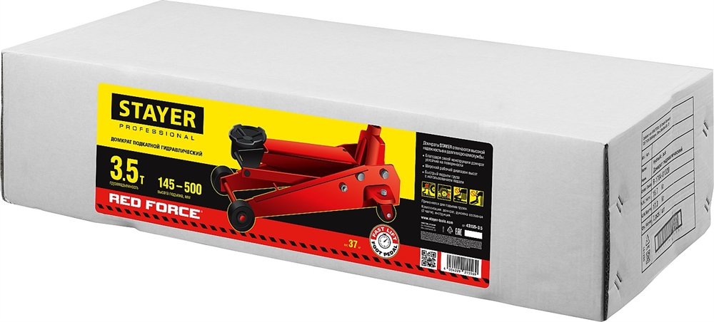 STAYER  F-35 RED FORCE, 3.5 т, 145 - 500 мм, подкатной домкрат с быстрым и высоким подъемом для СТО, Professional (43155-3.5) 43155-3.5