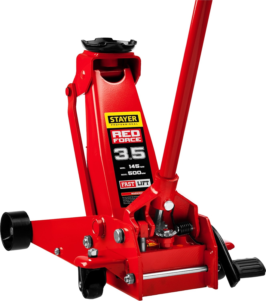 STAYER  F-35 RED FORCE, 3.5 т, 145 - 500 мм, подкатной домкрат с быстрым и высоким подъемом для СТО, Professional (43155-3.5) 43155-3.5